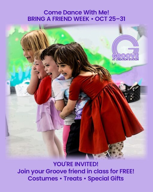 Hi Amazing Dance families!

So many of our Groove families found us through friends, and there's no better compliment than that.
This Halloween, we're celebrating those friendships—and hopefully making a few new ones! 💃👩🏼‍🐰‍👩🏽🕺

BRING A FRIEND WEEK | OCTOBER 25–31
🎃Dress up in your Halloween costumes, dance together, and share a little of what makes Groove so special.👻
& of course, your friend's class is FREE!

We'll have Halloween treats all week, plus a special gift for your friend to take home.🍭

Want to bring a friend?
Just let us know at the front desk or share the rsvp link in our bio with your friends so we know who to expect.

We can't wait to meet your friends!

#Dance #Friends #Community #BringAFriend #HalloweenCostumes #WeCan’tWait